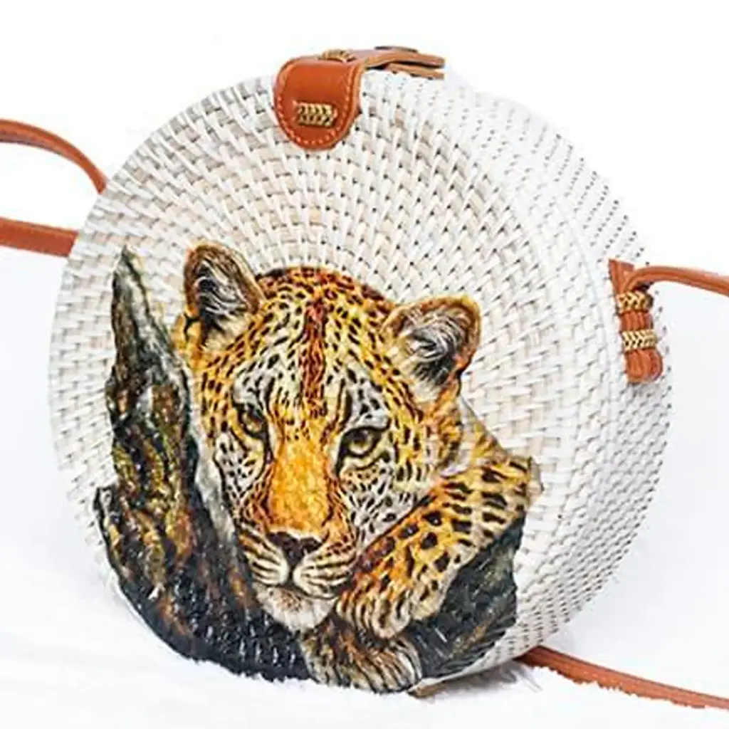 Tiger Painted Deco Round Rattan Bag
