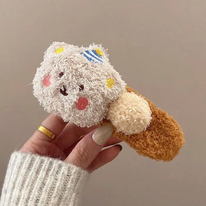 Women's Hair Clip with Doll Motif, Soft Fur Material, BEAR APRIKOT