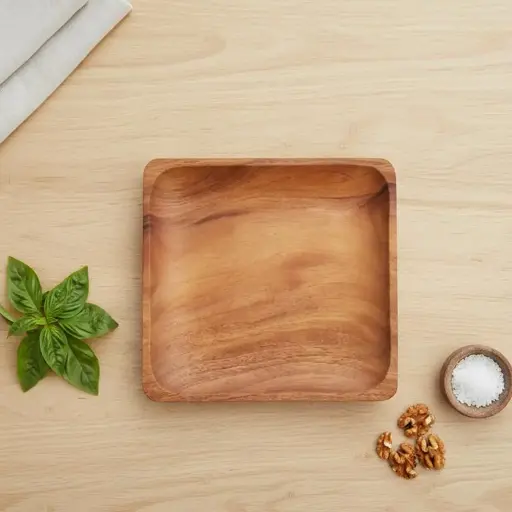 طبق مربع من خشب الماهوجني / طبق خشبي مربع منقوش - الأبعاد ٢٠ × ٢٠ سم